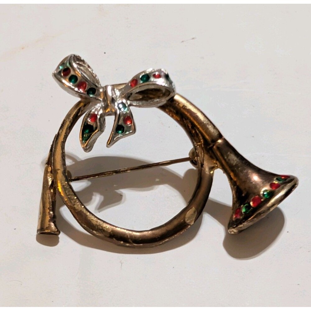 Vintage Christmas French Horn Brooch Red Green Enamel Ribbon Bow Pin